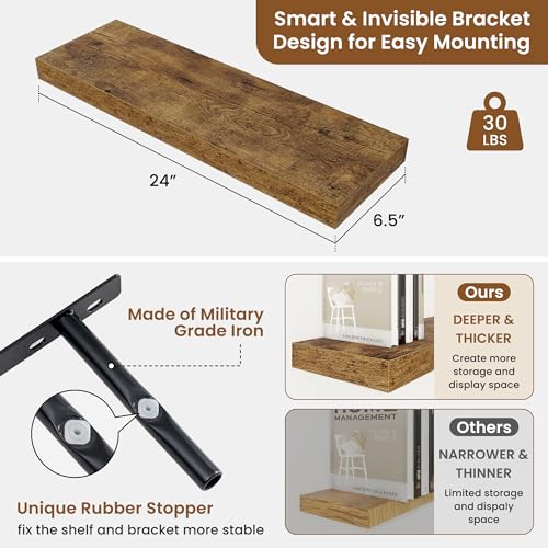 Floating Shelves for Wall, Wall Mounted Wood Shelves, Brown, Set of 2, 24in - color: Rustic Brown, size: 24"W x 6.5"D , 2 Pack