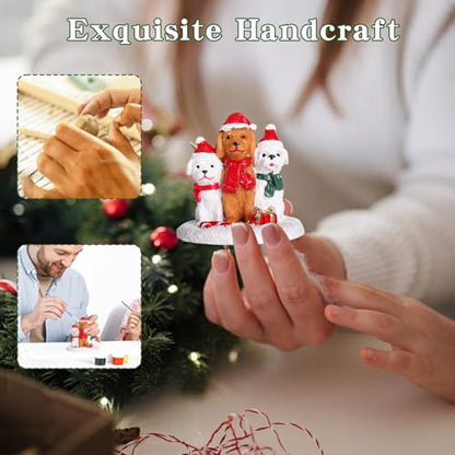 Christmas Village Accessories Three Dogs Ornament with Santa Hat Funny Gift - color: White and Brown