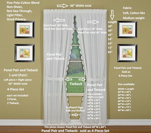 Today's Curtain, Orleans Scallop Curtain, White 84" Panel Pair and Tieback,4-Piece-Set, 60" W x 84" L, White - color: White, size: 60"W x 84"L (Pack of 1)