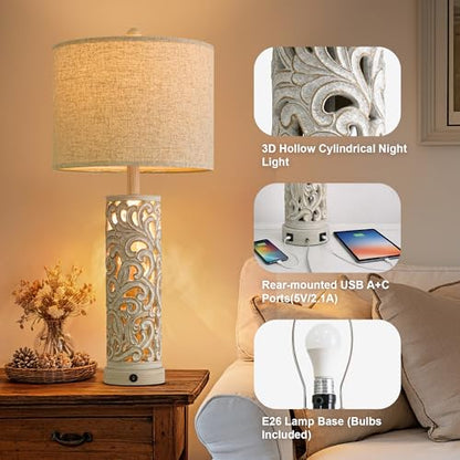 OYEARS 2-in-1 Light Table Lamp Set of 2 for Living Room, 28.5" Farmhouse Bedside Lamps with USB Charging Port, Main&Night Light & Dual Switches, Nightstand Lamp for Bedroom Home Office(Bulb Included) - color: Retro Grey