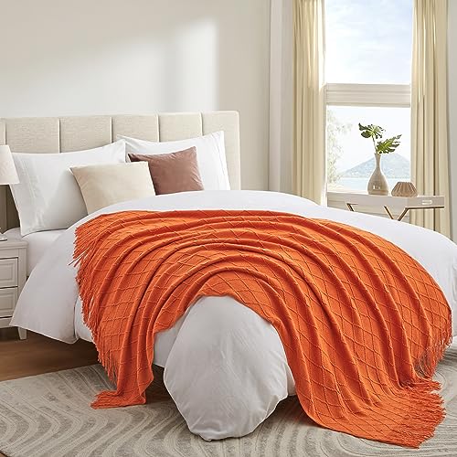 Acrylic Knitted Throw Blanket, 50 x 60 Inches, Orange - color: Orange