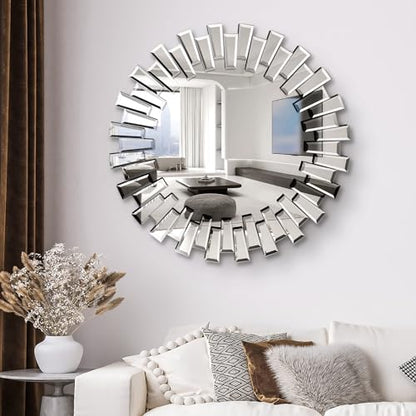 QDSSDECO 32" x32" Round Sunburst Wall Mirror, Frameless Beveled Edge - color: Round, size: 32"L x 32"W