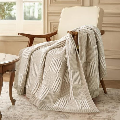 Amélie Home Checkered Chenille Knit Throw Blanket for Couch, Beige 50"x60" - color: Checkered Beige, size: 50" X 60"