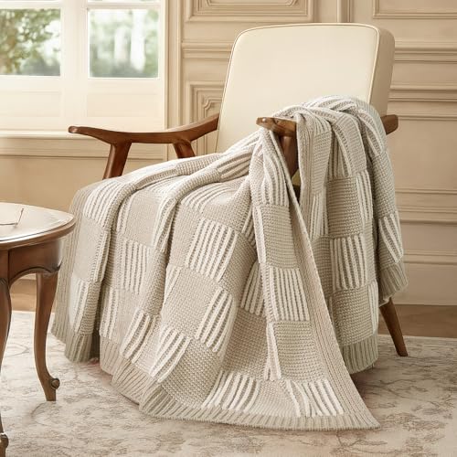 Amélie Home Checkered Chenille Knit Throw Blanket for Bed, Beige 60"x80" - color: Checkered Beige, size: 60" X 80"