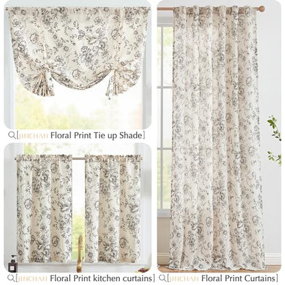 jinchan Black Floral Linen Kitchen Tier Curtains and Valance Set 3 Pieces - color: Alice | Black on Linen, size: 26"W x 36"L (Pack of 3)