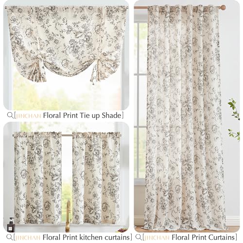 jinchan Black Floral Linen Kitchen Tier Curtains and Valance Set 3 Pieces - color: Alice | Black on Linen, size: 26"W x 24"L (Pack of 3)