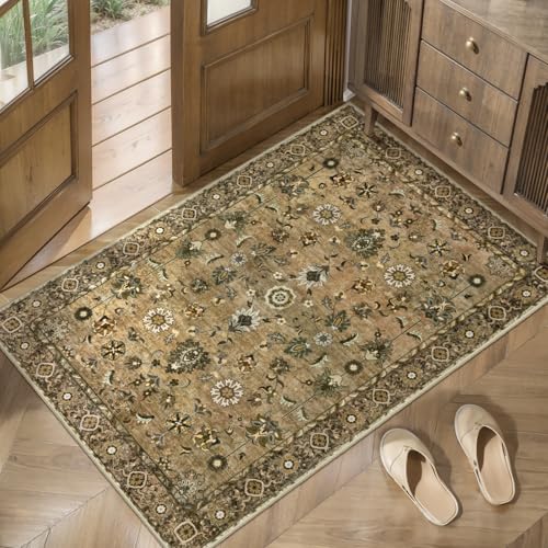 Tangsoo Brown 2x3 Washable Rugs for Entryway, Non Slip Small Area Rug - color: Floral/Brown, size: 2' X 3' (Rectangular)