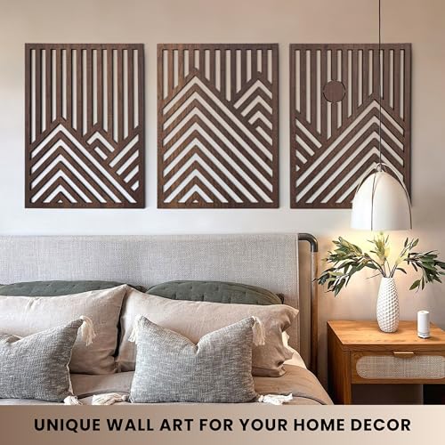 qmmp Modern Wooden Wall Sculptures - Set of 3 - Home Decor Accent - Large Wall Art for Living Room, Bedroom, Office - Easy Installation (Walnut, Large - Mountain and Sun, Unframed) - color: Walnut, size: Large - Mountain and Sun