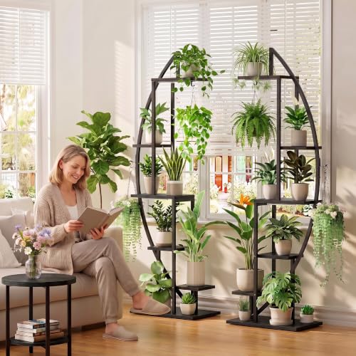 BACEKOLL Plant Stand with Grow Light, 2 Pack Tall Indoor Plant Shelf 6 Tier - color: Black + Black