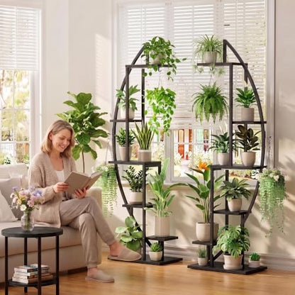 BACEKOLL Plant Stand with Grow Light, 2 Pack Tall Indoor Plant Shelf 6 Tier - color: Black + Black