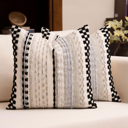 Boho Chenille Tufted Throw Pillow Covers 18x18 Inch Set of 2 Farmhouse Black Woven Striped Decorative Pillowcases for Couch Sofa Bed - color: Black