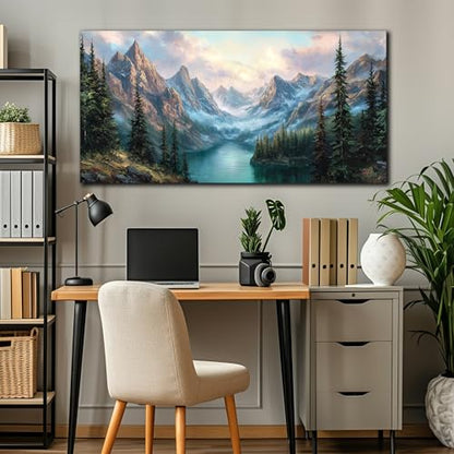 MXUNYZ Green Pine Tree River Mountains Canvas Wall Art for Living Room - color: Blue Green, size: 48"L x 24"W
