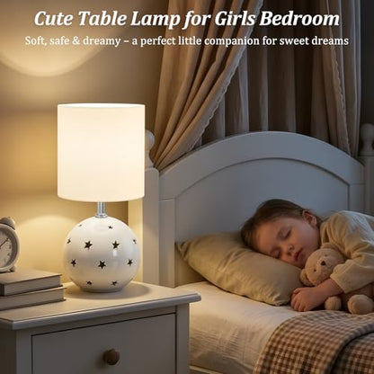 Small Table Lamp,14" White Ceramic Bedside Lamp for Girls Kids Bedroom,Dorm - color: White
