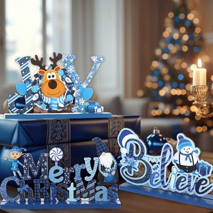 Blulu 3 Pcs Blue Christmas Wooden Signs Tabletop Farmhouse Centerpieces - color: Blue