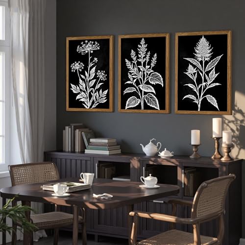 AVECCO 3 Pieces Black White Botanical Wall Art Canvas Framed 16x24 Inch - color: Dark, size: 24"L x 16"W