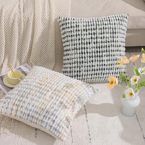 LUOYEHK Boho Throw Pillow Covers 22x22 Inch Set of 2 Chenille Tufted Pillowcase Farmhouse Neutral Cushion Covers for Couch Sofa Bed Living Room, Green White - color: Green White, size: 22" x 22" (Pack of 2)