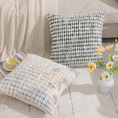 LUOYEHK Boho Throw Pillow Covers 22x22 Inch Set of 2 Chenille Tufted Pillowcase Farmhouse Neutral Cushion Covers for Couch Sofa Bed Living Room, Green White - color: Green White, size: 22" x 22" (Pack of 2)