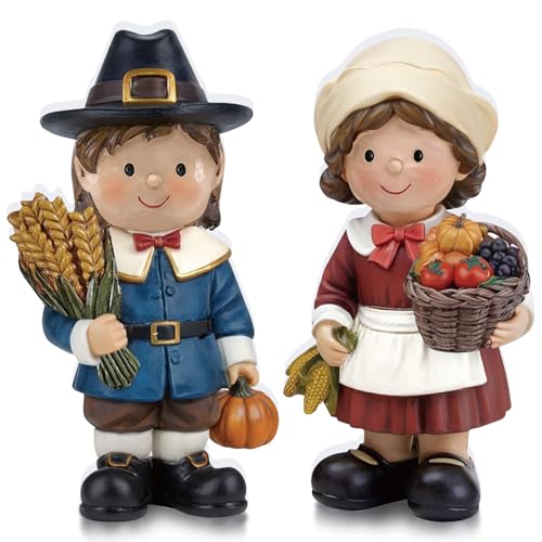 Yuntau 2 Pcs Fall Figurine Decor Wooden Pilgrim Figurines for Thanksgiving - style: Pilgrim