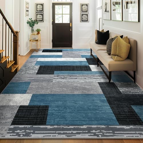 Large Area Rugs, Modern Geometric Patchwork Floor Decor Rockwood Collection - color: Blue, size: 9' x 12' (Rectangular)