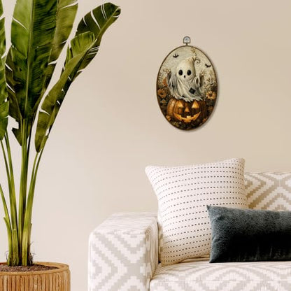 JQF Halloween Pumpkin Witchy Ghost Oval Wall Decor Framed 8.5x11.5 Inch - color: fall ghost-1