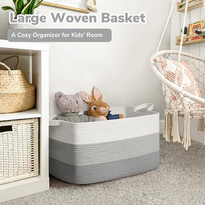 Goodpick Large Woven Rope Blanket Basket, Rectangle, Light Gray - color: Light Grey, size: Large(21.6"L x 14.9"W x 11.8"H)