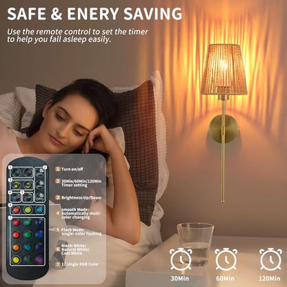 Battery Operated wall sconces Set of Two,Rattan Shade Gold with Remote Rechargeable Light Bulbs,dimmable RGB,Living Room,Bedroom,Hallway,Bathroom can be Used - color: Gold 24.4 Inch