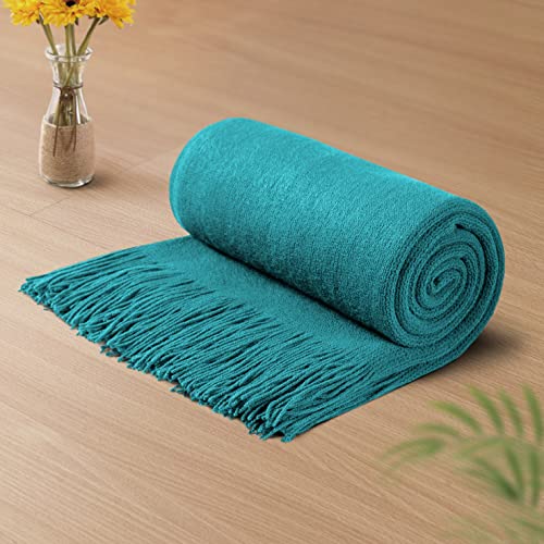 Vonty Teal Knitted Throw Blanket with Tassels Fringe, 50x60 Acrylic - color: Teal, size: 50" x 60"