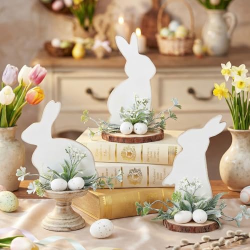 AceOrbit 3 Pcs Spring Wooden Bunny Table Decor, Rustic Rabbit Centerpieces