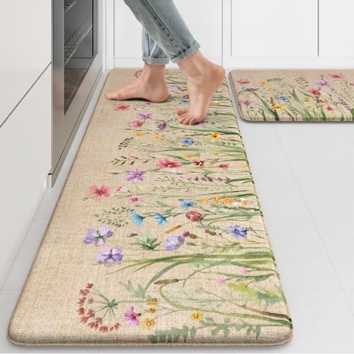 KIMODE Anti Fatigue Kitchen Mats, Farmhouse Floral Kitchen Rugs Sets of 2 - color: Floral/Brown, size: 47"L x 17.3"W x 0.47"Th + 29"L x 17.3"W x 0.47"Th