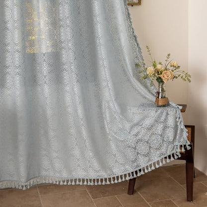 Sheer Boho Lace Curtains 84 Inches Long, Stone Blue, Set of 2 Panels - color: Stone Blue, size: 59"W x 84"L (Pack of 2)