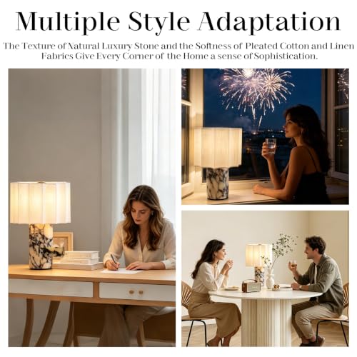 Marble Touch Table Lamp USB Rechargeable Cordless Bedroom Bedside Small Glow Night Light Stone Base and Linen Fabric Shades - color: Rice White