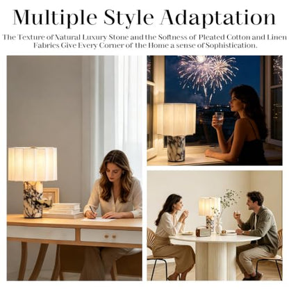 Marble Touch Table Lamp USB Rechargeable Cordless Bedroom Bedside Small Glow Night Light Stone Base and Linen Fabric Shades - color: Rice White