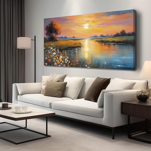 Orange Yellow Sunset Lake Landscape Canvas Wall Art with Colorful Wildflowers & Distant Mountain, Serene Nature Scene Large Picture Print Painting Artwork for Living Room Bedroom Decor 58x29 Inches - size: 59"L x 29"W