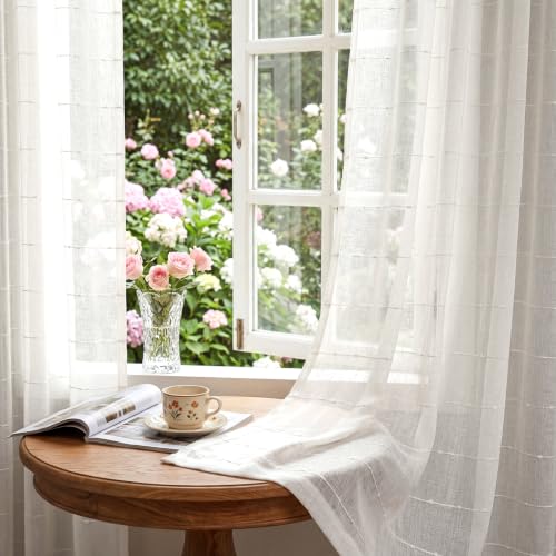 White Sheer Curtains 63 Inches Faux Linen Stripe Pattern 2 Panels - color: White, size: 52"W x 63"L (Pack of 2)