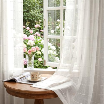White Sheer Curtains 96 Inches Faux Linen Stripe Pattern 2 Panels - color: White, size: 52"W x 96"L (Pack of 2)