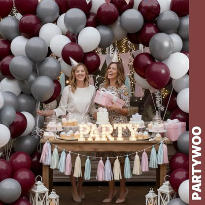 PartyWoo Burgundy White and Gray Balloons 66pcs 12 Inch Burgundy Balloons - color: Burgundy, White, Gray
