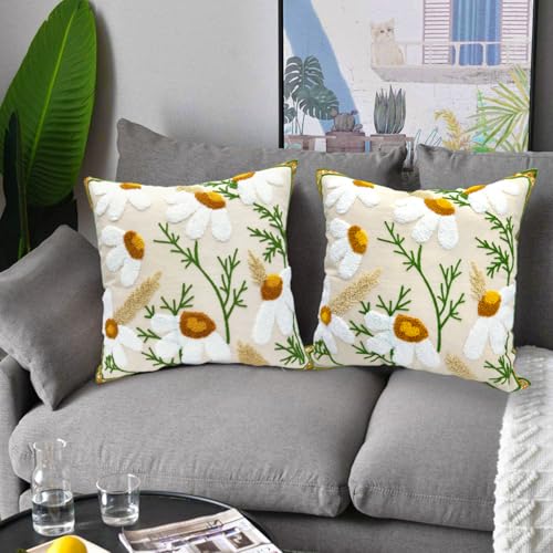 Alysheer Floral Embroidered Throw Pillow Cover 18"x18" Set of 2 White Daisy - color: Daisy White, size: 18" x 18" (Pack of 2)