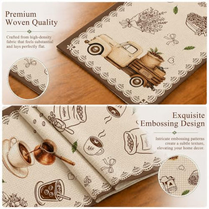 Retro Coffee Cup Table Runner, Farmhouse Rustic Linen Runner 13x72 in - color: Brown