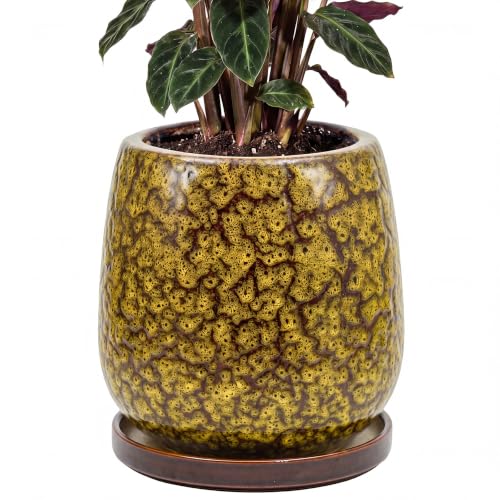10.3 Inch Ceramic Glaze Plant Pot with Saucer, Flower Pots with Drainage Hole Mesh Net (Spot Yellow) - color: Spot Yellow