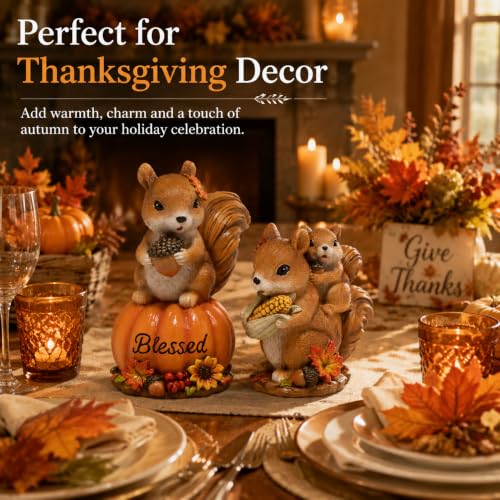 Hodao Fall Squirrel Decor, 2-Piece Resin Thanksgiving Figurine Set - color: Squirrel