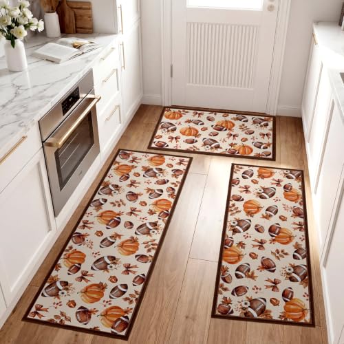 Fourluoo 3 Pcs Fall Football Pumpkin Kitchen Rugs and Mats Set - color: Beige