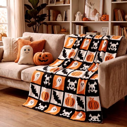 Halloween Ghost Blanket Spooky Pumpkin Bat Skull Knit Throw Blankets - color: Black and White, style: Halloween Reversible Ghost