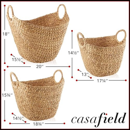 Casafield Set of 3 Multipurpose Boat Baskets with Handles - Natural, Woven Water Hyacinth Storage Organizers for Throw Blankets, Bedroom, Laundry