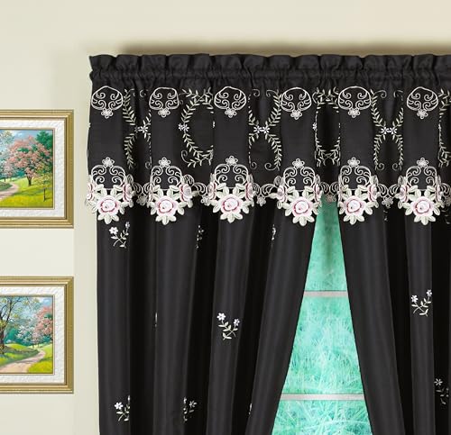 Today's Curtain Verona Reverse Embroidery Panel Pair and Tiebacks, 72", Black/Rose, 80" W X 72" L - color: Black/Rose, size: 80"W x 72"L (Pack of 1)