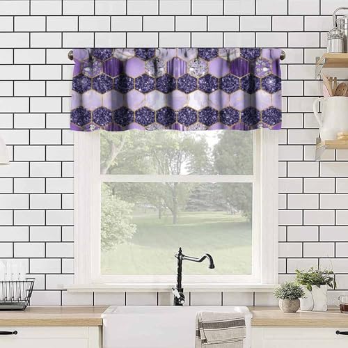 Purple Marble Valance, Abstract Gold Ombre Modern Luxury Diamond Honeycomb Geometric Romantic Print Blackout Short Window Curtain Treatment for Girls Bedroom Living Room, 54x18inch - color: Marble-22