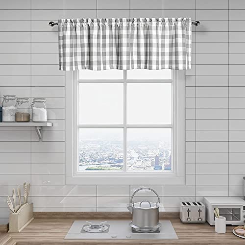 Amzdecor Grey White Buffalo Plaid Valance Semi Sheer Cafe Curtain 55"x15" - color: Silver/Gray
