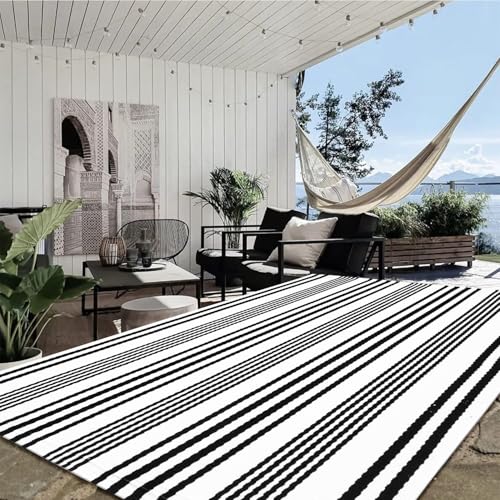 LEEVAN 5'X8' Black and White Striped Woven Cotton Reversible Outdoor Rug - color: 1white Strip, size: 5 x 8 Feet