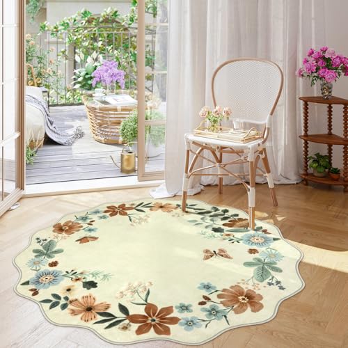 Lahome Floral Washable Round Rugs, Non-Slip Soft Round Rug 4ft Ultra-Thin - color: Beige, size: 4'(Round)