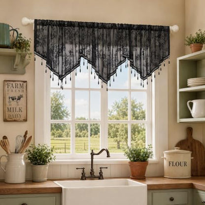 Molaxhome Swag Curtain Scalloped Curtain Valance Drape Sheer Lace Panel 1pc - color: Lace Black