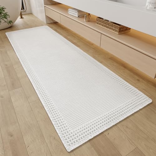 RESARE Waffle Bathroom Runner Rugs, Non Slip Boho Bath Mat 24"x60" White | Long Absorbent Bathroom Floor Mats Machine Washable Quick Dry, Soft Solid 2'x5' Bath Rugs with Tassels, Ideal Farmhouse Decor - color: White, size: 2' X 5'